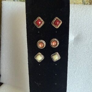 3 Gold Diamond  Oval Shape with Color Center 1/2" Stud Earring Lot Vintage